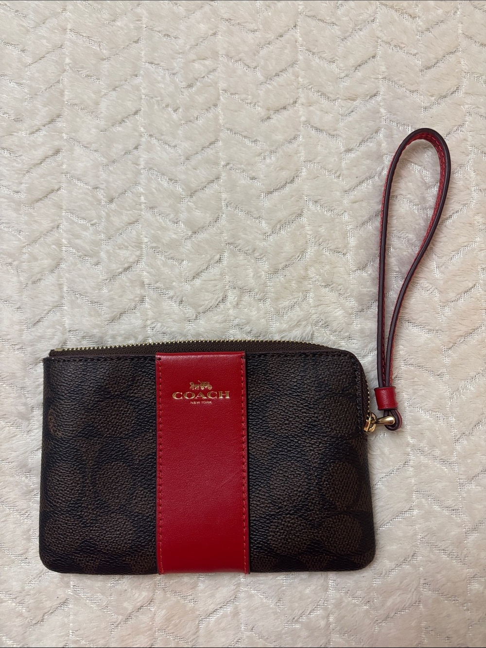 Coach Brown Signature Wristlet with Red Center Panel